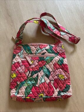 Vera Bradley Pink Floral Quilted Crossbody with Green Leaves